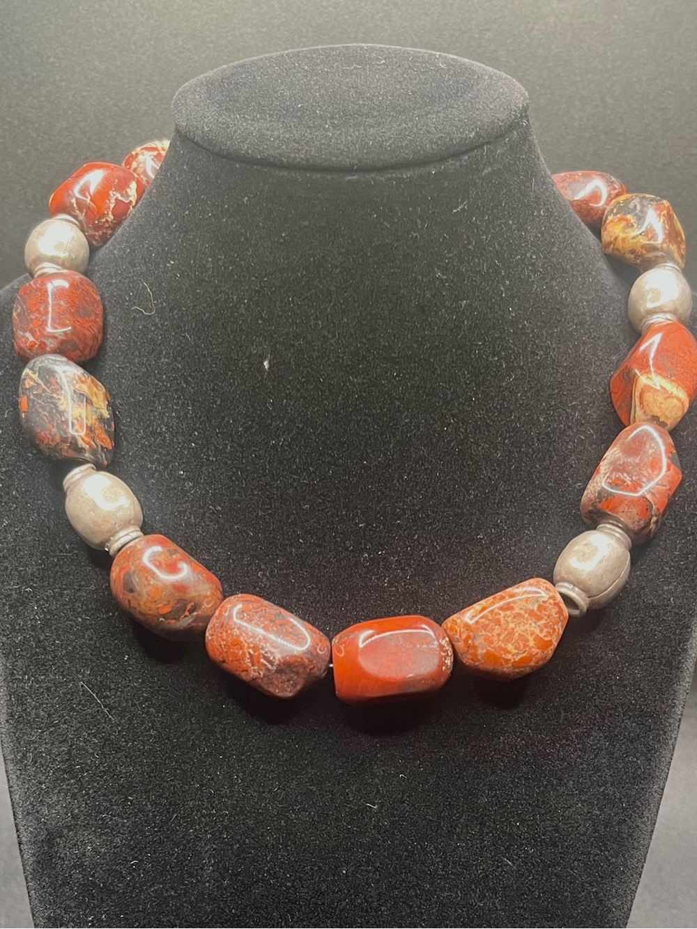 Sterling Silver Genuine Red Brecciated Jasper Chunky Artisan Choker Necklace 16”